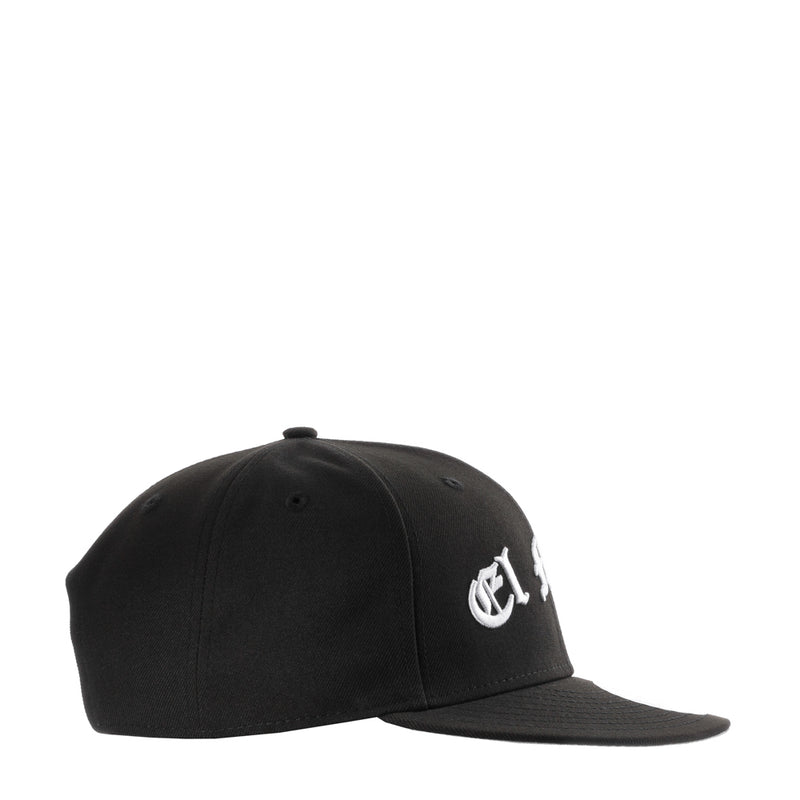 Black baseball cap with small white side logo embroidery and curved brim
