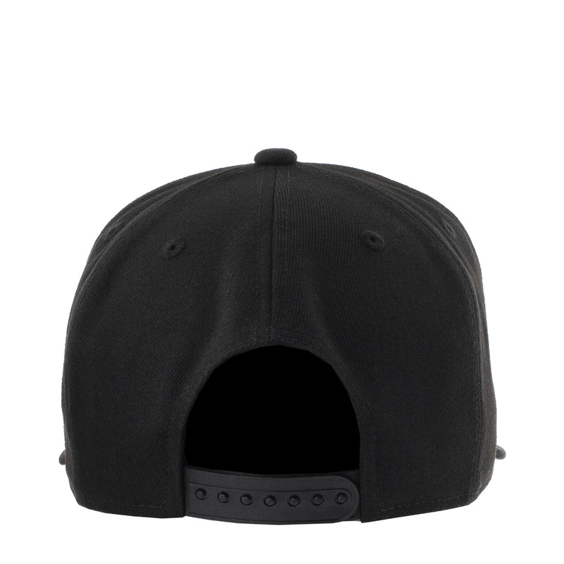 Black baseball cap with open back and adjustable snap strap