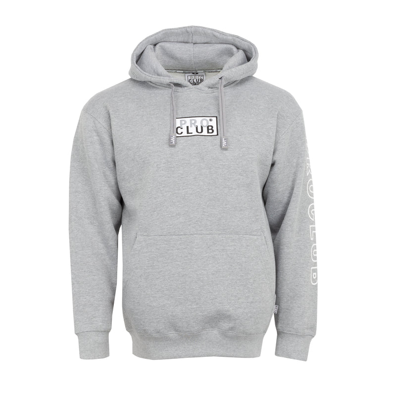 Men's grey hoodie with embroidered box logo, drawstring hood and kangaroo pocket