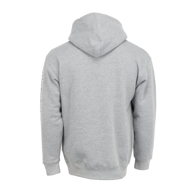 Men's grey hoodie back view with hood, kangaroo pocket, and ribbed cuffs