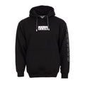 Black men's pullover hoodie with embroidered front logo patch and drawstring hood