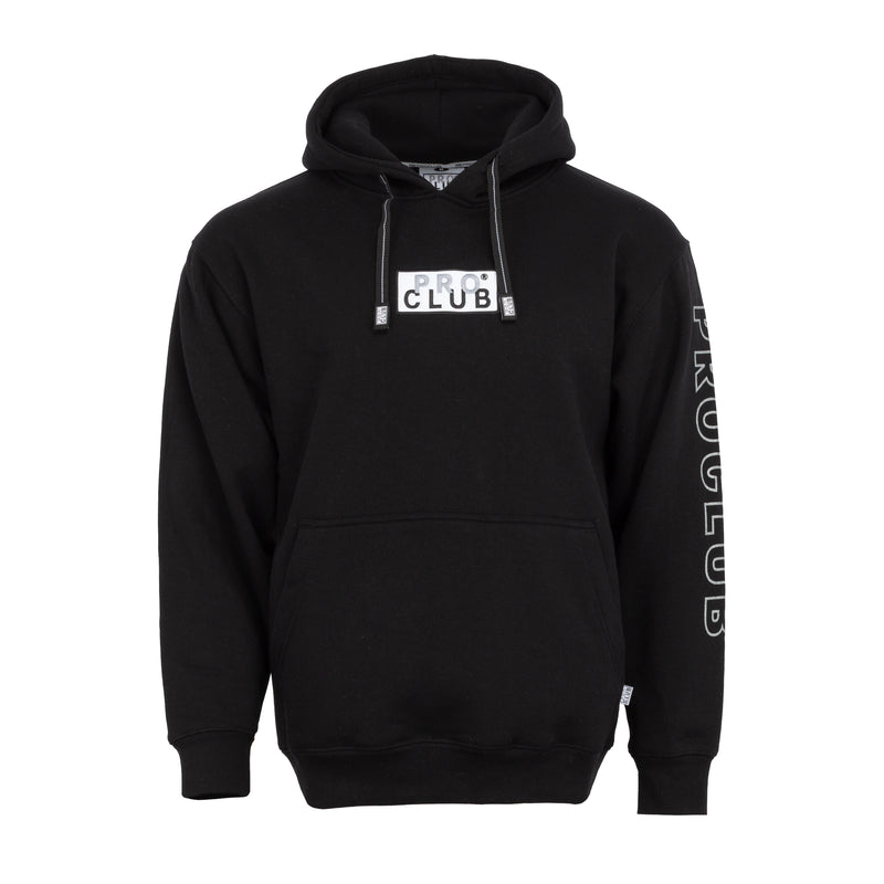 Black men's pullover hoodie with embroidered front logo patch and drawstring hood