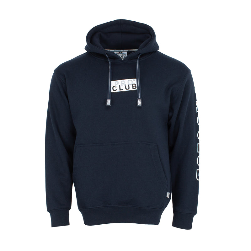 Navy men's pullover hoodie with embroidered box logo, hood drawstrings, kangaroo pocket
