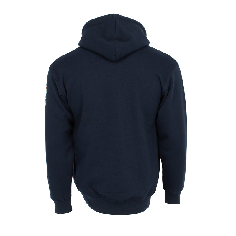 Navy pullover hoodie back view with hood and full-length sleeves