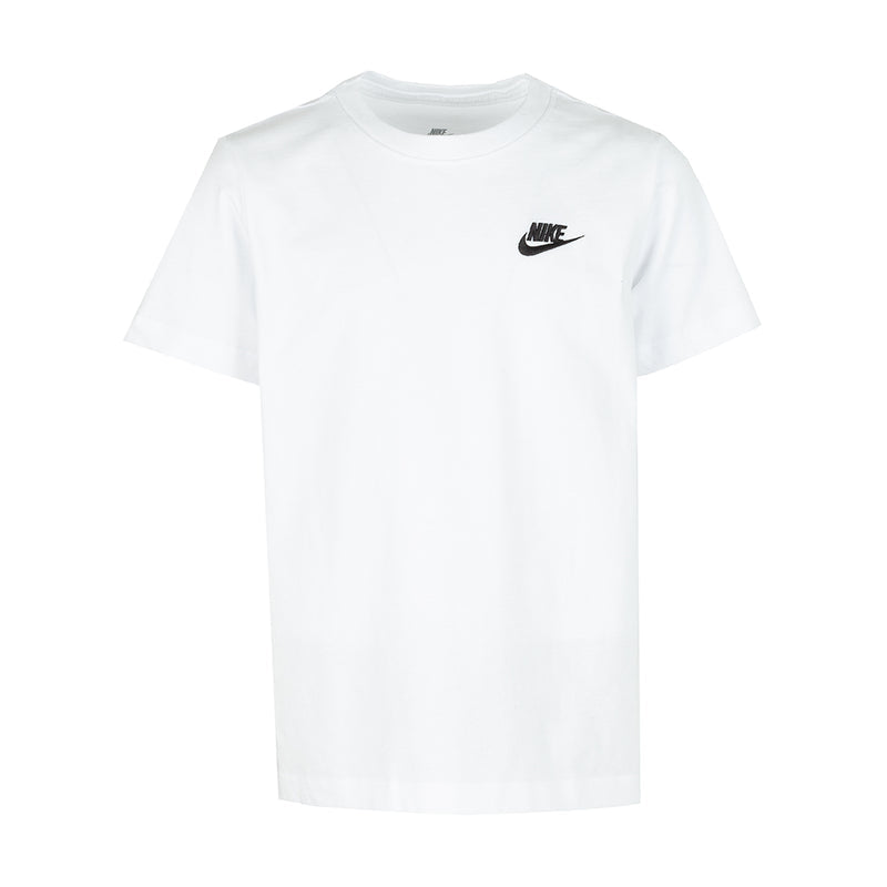 Youth white short-sleeve T-shirt with small Nike logo embroidery at chest