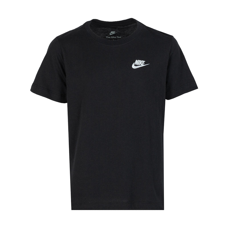 Youth black t-shirt with small embroidered Nike logo on the chest