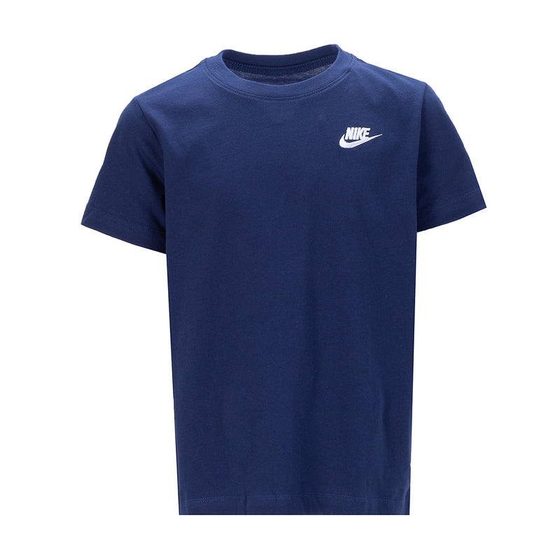 Youth navy tee with embroidered Nike logo at chest