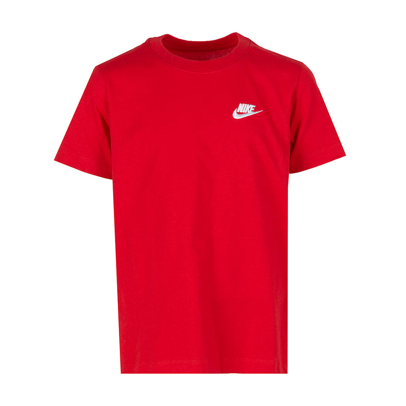 Youth red crewneck T-shirt with small embroidered Nike logo on chest
