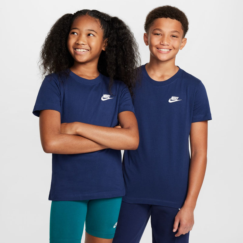 Youth navy tees with Nike embroidered logos, worn by two children