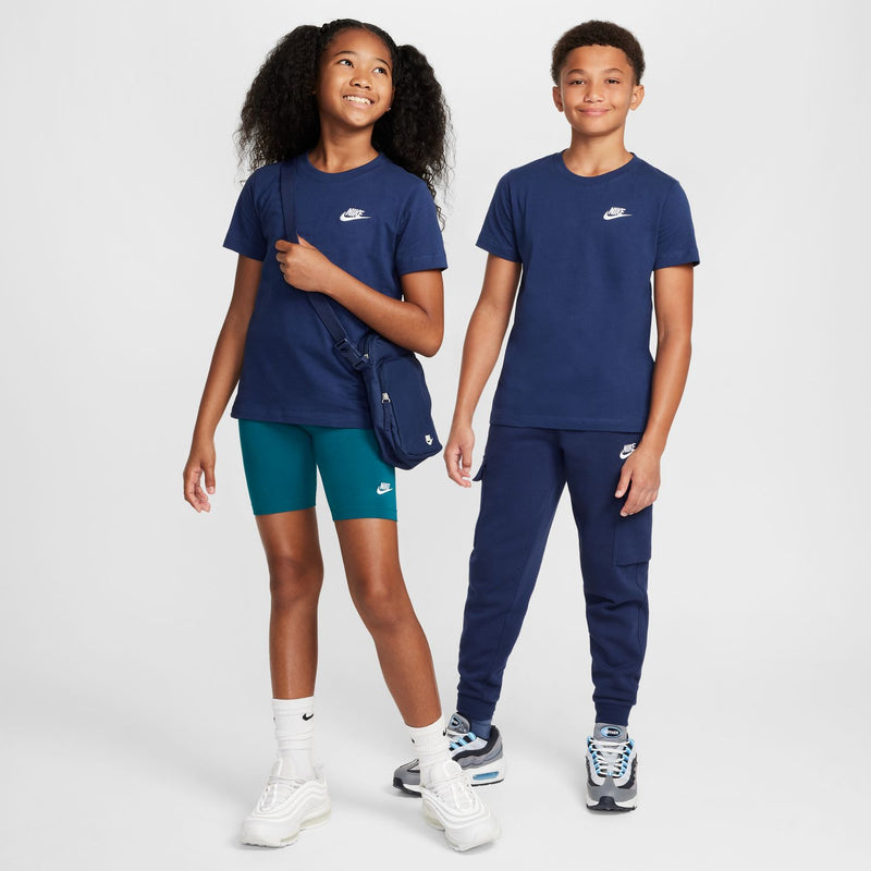 Youth navy tee with Nike embroidered logo, worn with matching shorts