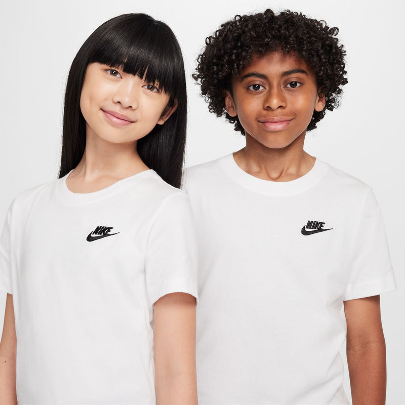 Youth white T-shirt with Nike logo on front, crew neck short sleeves