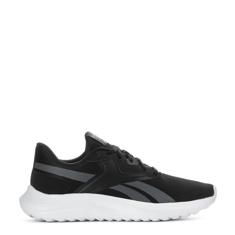 Men's black knit lace-up sneakers, gray side stripe, white cushioned sole