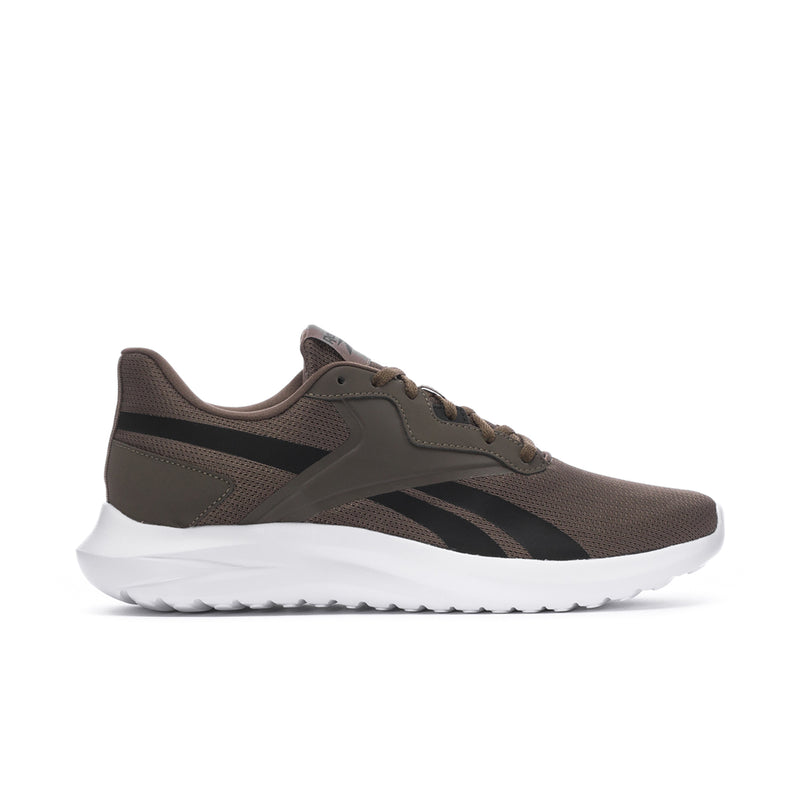 Men's low-top sneaker, dark olive-brown with white sole and black stripe