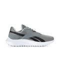 Men's grey mesh running shoes with black logo stripes and white cushioned sole
