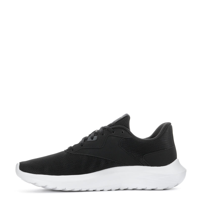 Men's black knit lace-up sneakers with molded heel panel and white cushioned sole