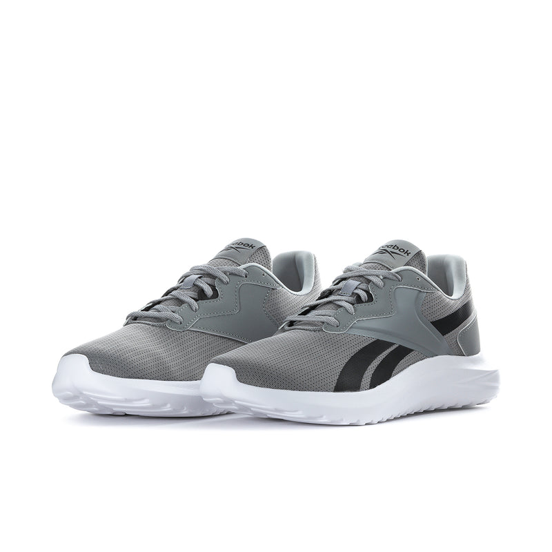 Men's grey mesh sneakers with black side stripes and white rubber sole, lace-up