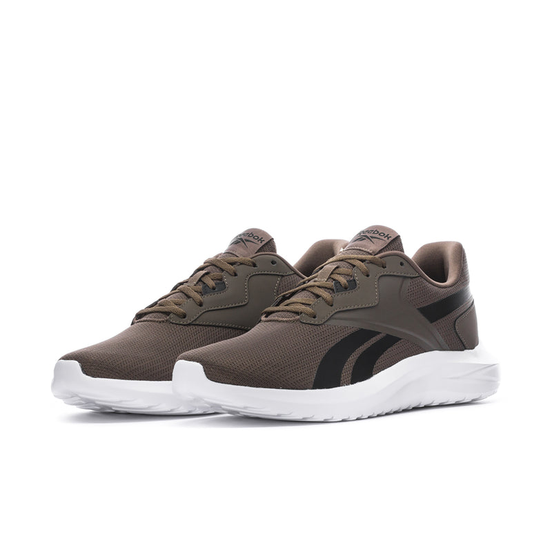 Men's low-top sneaker, twin sides view; dark olive-brown with white outsole