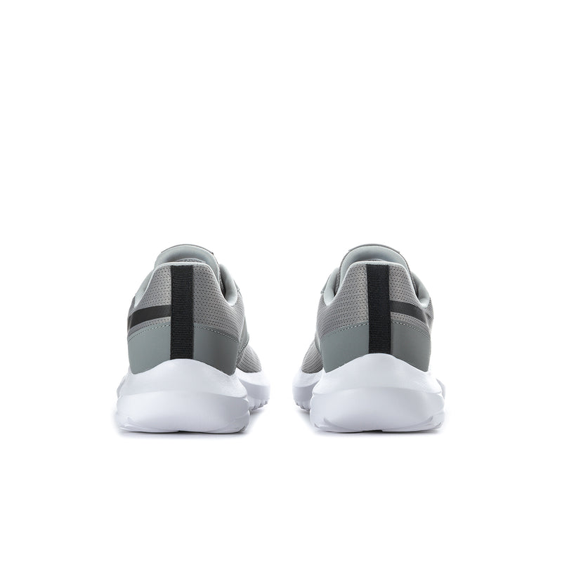 Men's grey sneakers with white sole and black heel panel, back view