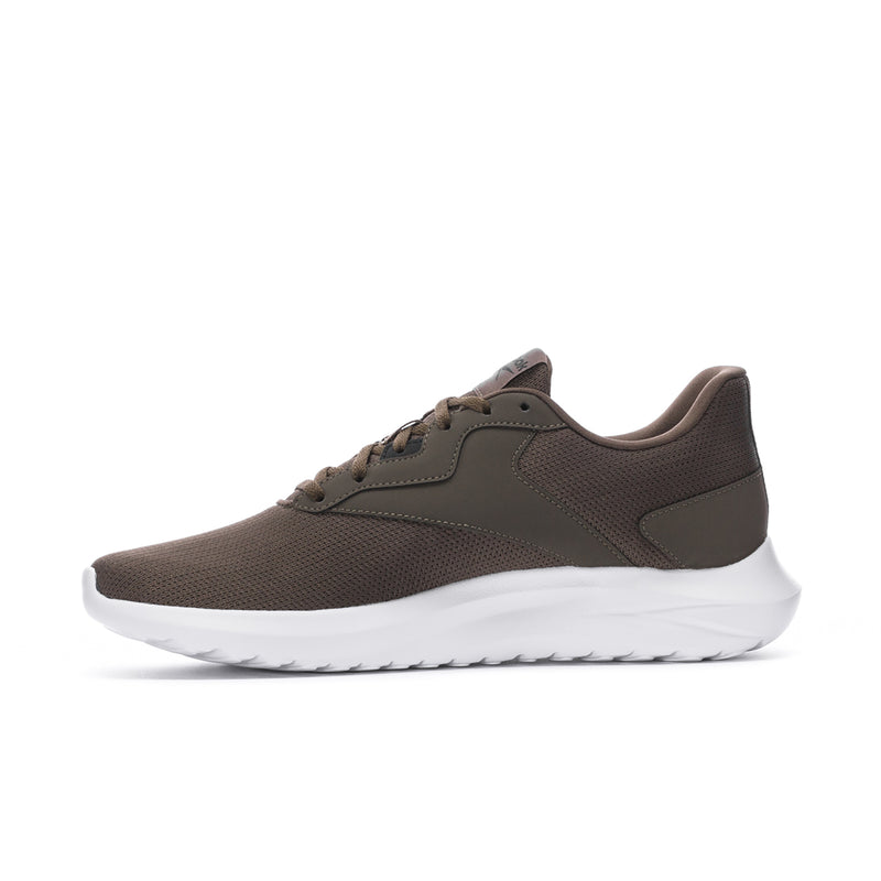 Men's low-top sneaker, front/side view; dark olive-brown upper with white sole