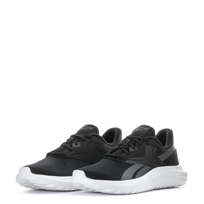 Pair of Women's Reebok running shoes, black uppers with gray detail and white sole