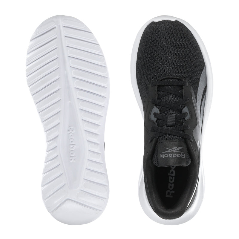 Women's Reebok running shoes, black top with white outsole and heel view
