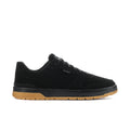 Men's black nubuck low-top sneakers with lace-up front and gum rubber outsole.