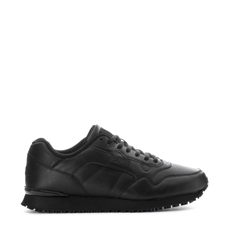 Black lace-up athletic shoes with cushioned sole and side logo detail