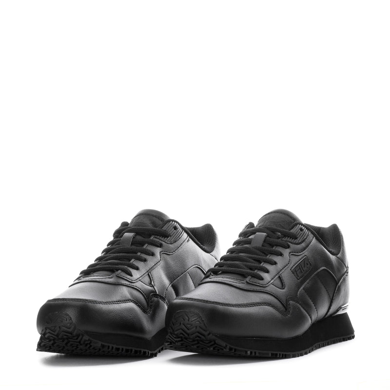 Pair of black lace-up sneakers showing side panels and thick rubber tread