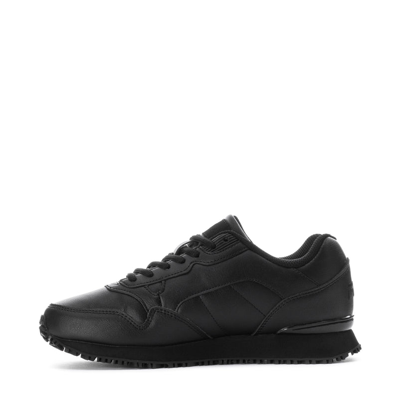 Women's black lace-up sneaker with quilted side panels and textured rubber sole