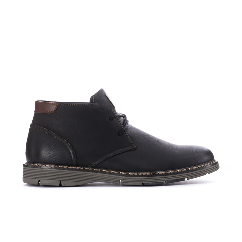 Men's black leather chukka boot with lace-up and brown pull tab