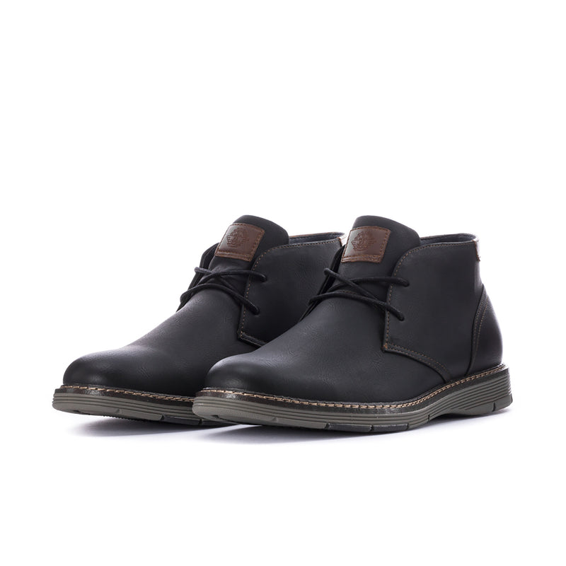 Men's black lace-up chukka boots with brown heel accents and contrast stitching