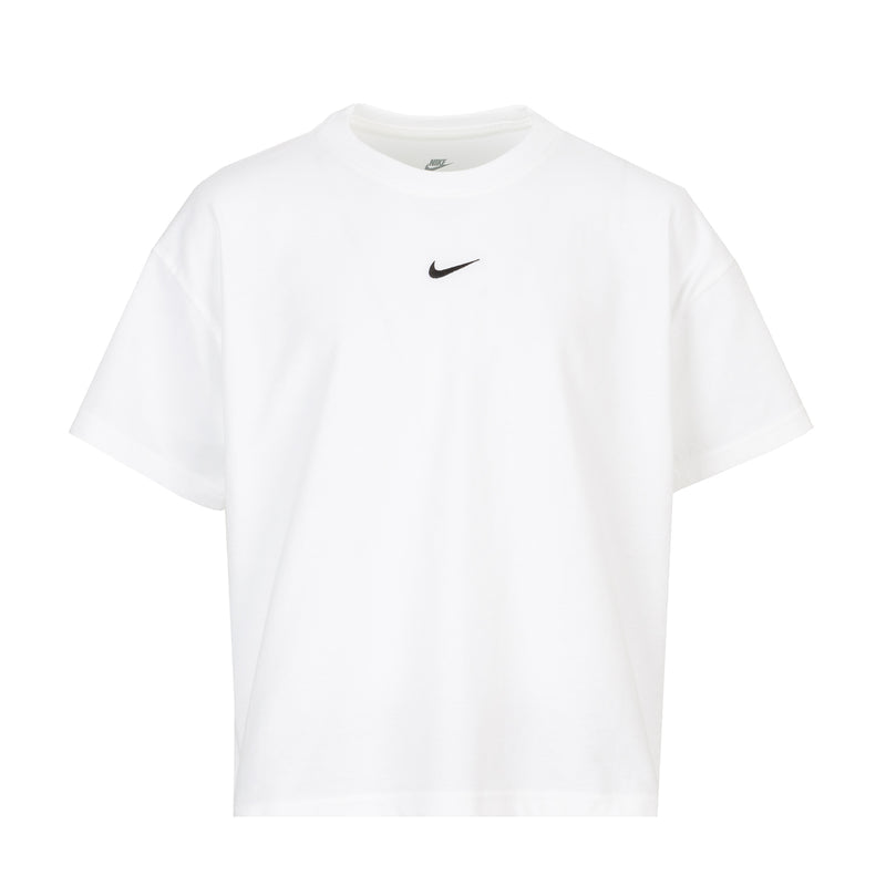 Youth boxy tee, white crew-neck T-shirt with small Nike swoosh on chest