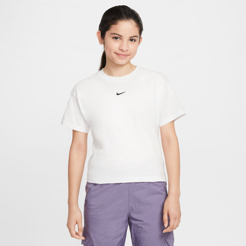 Youth white boxy crew-neck T-shirt with Nike swoosh at center chest