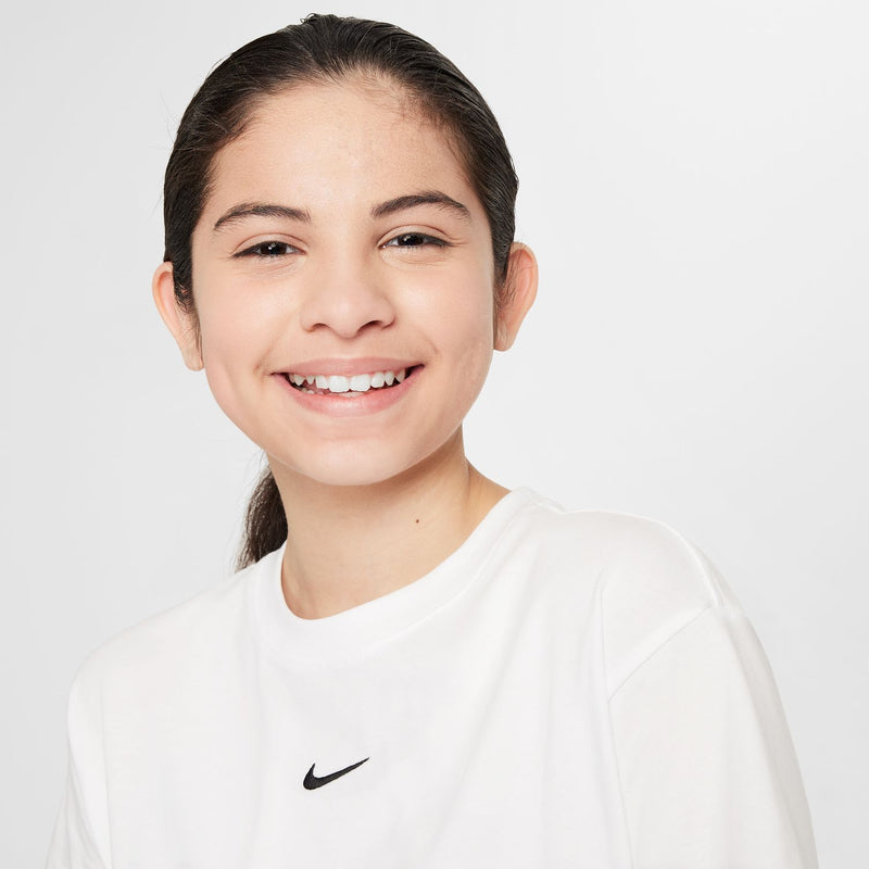 Youth white boxy crew-neck T-shirt with Nike swoosh logo on chest