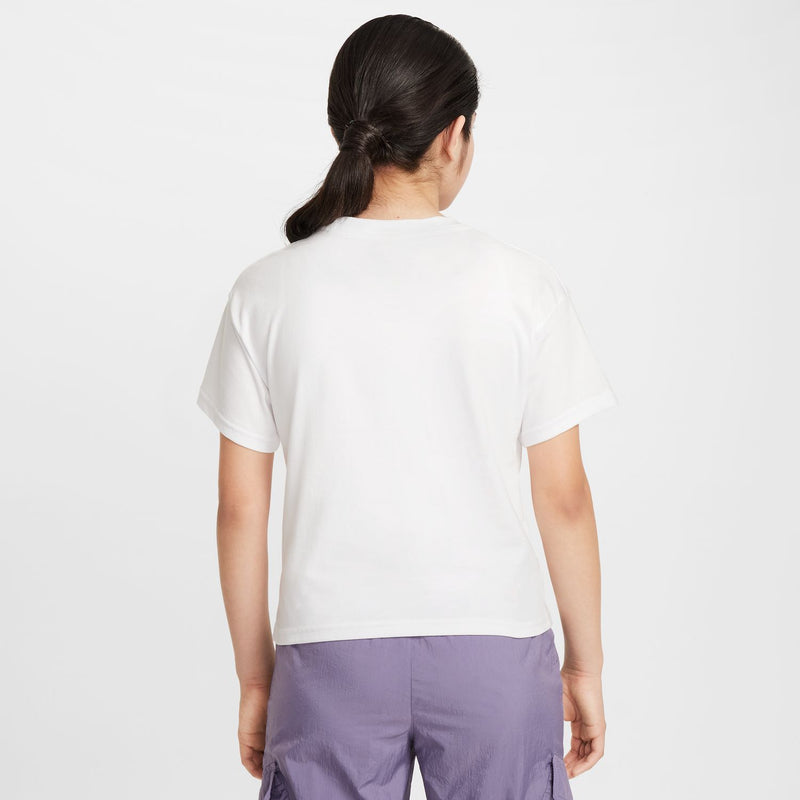 Youth white boxy tee, back view with crew neck and short sleeves