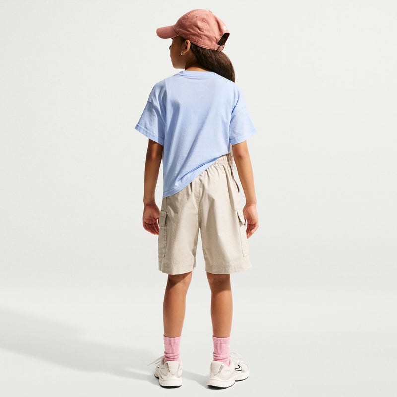 Youth boxy T-shirt in light blue, back view with crew neck and short sleeves