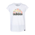 Youth white crew-neck T-shirt with Adidas floral graphic on the front.