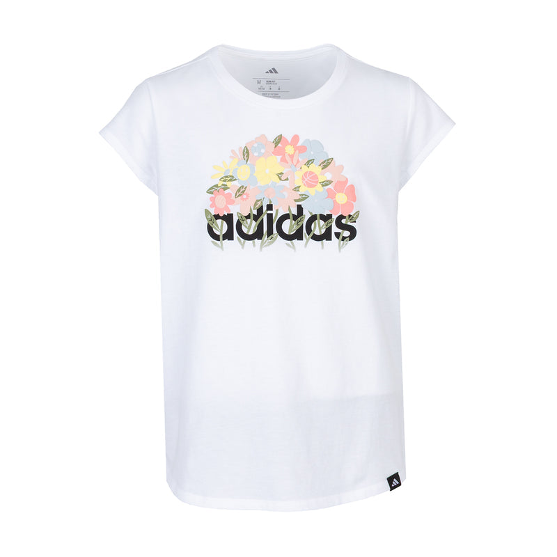 Youth white crew-neck T-shirt with Adidas floral graphic on the front.
