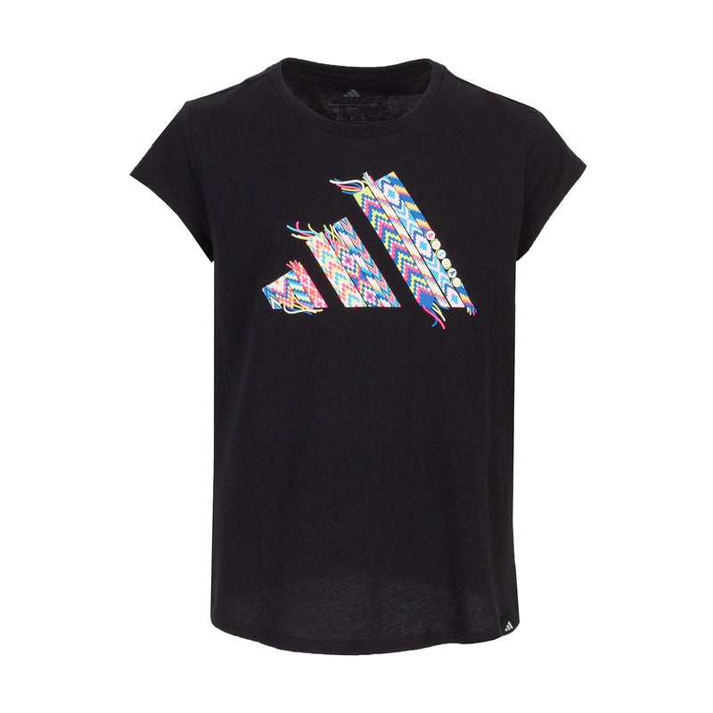 Youth black crew-neck graphic T-shirt with multicolor front print