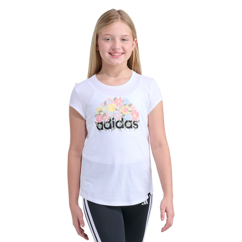 Youth white crew-neck T-shirt with Adidas floral graphic, front view on model.