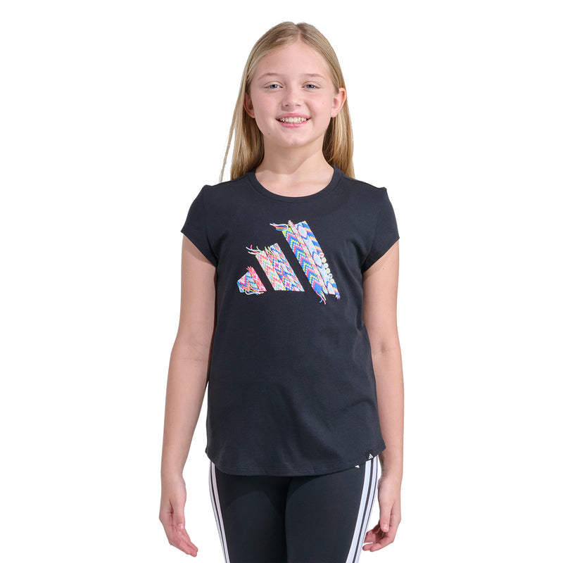 Youth black crew-neck graphic tee with multicolor front print, short sleeves