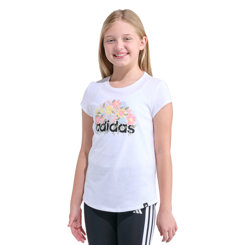 Youth white crew-neck T-shirt with Adidas floral graphic, front view on model.