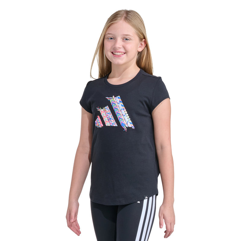 Youth black graphic T-shirt with multicolor front print and crew neck