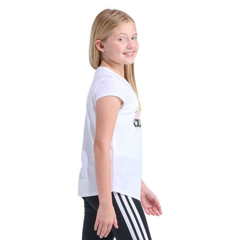 Youth white crew-neck T-shirt with Adidas floral graphic, side view.