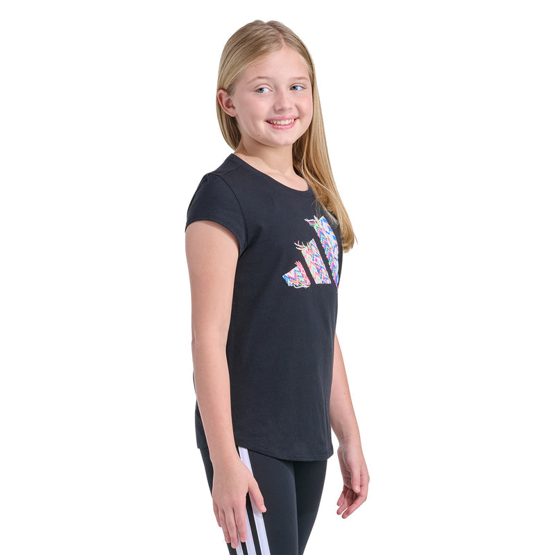 Youth black crew-neck graphic tee with multicolor front print, side view