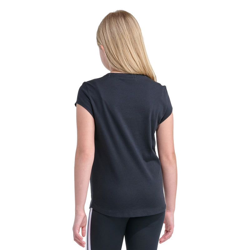 Youth black crew-neck T-shirt back view, short sleeves