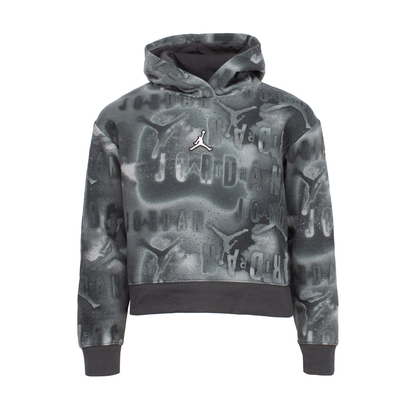 Youth boxy pullover hoodie, dark gray all-over graphic with Jordan logo at chest