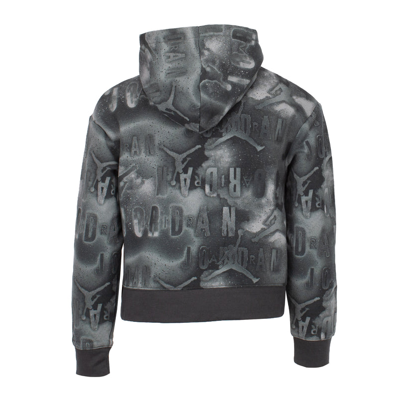 Youth boxy pullover hoodie with gray abstract print and large chest logo graphic