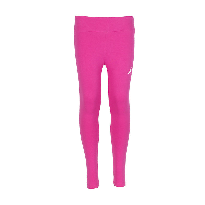 Youth fire pink leggings with wide waistband and small white logo on thigh