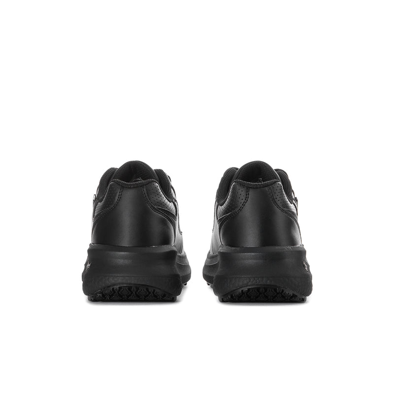 Women's black lace-up sneakers, rear view with padded collar and chunky sole